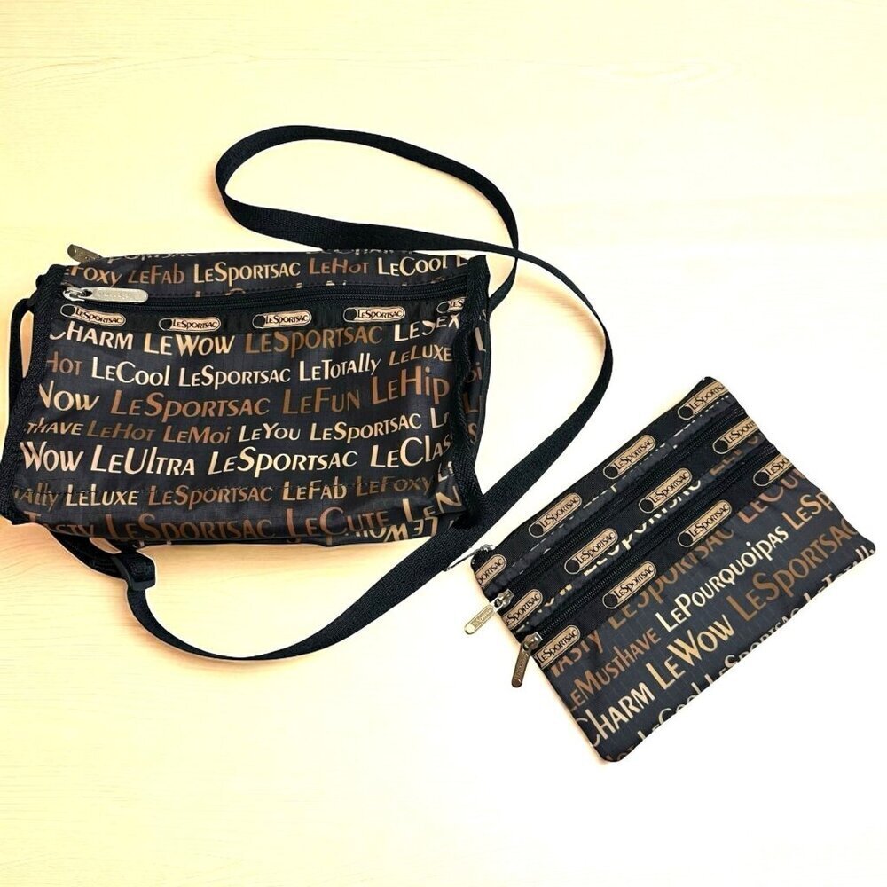 RARE Vintage Le Sportsac Black/Brown Logo Shoulder Bag & Zipper Pouch USA Made